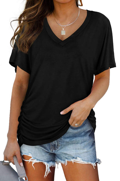 Shirt — Short sleeve v neck dolman top with side shirring