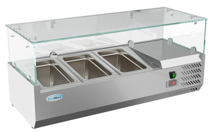 KoolMore refrigerated countertop condiment prep rail with stainless steel cover