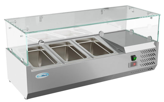 KoolMore refrigerated countertop condiment prep rail with stainless steel cover
