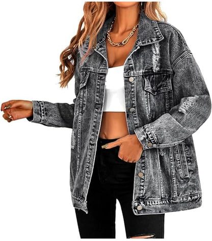 Coat — Women's long oversized denim jacket with ripped details
