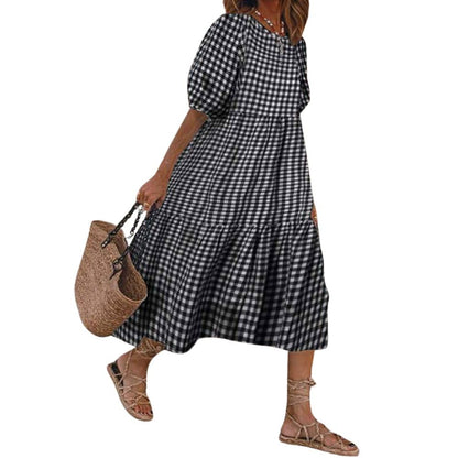 Dress — Retro plaid lantern puff sleeve midi dress by chouyatou