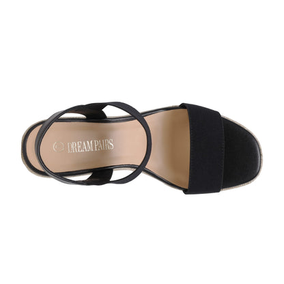 Sandal — Open toe espadrilles with elastic ankle strap and platform wedges