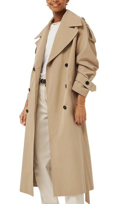Farktop women's long trench coat - oversized double breasted design with belt