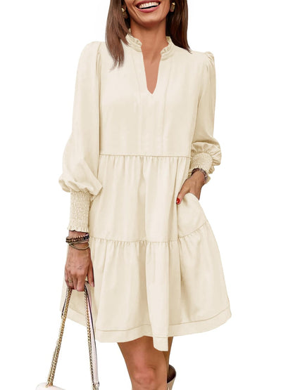 Imily Bela Womens Fall Long Sleeve Tunic Dress Casual V Neck Loose Ruffle Tiered Dress