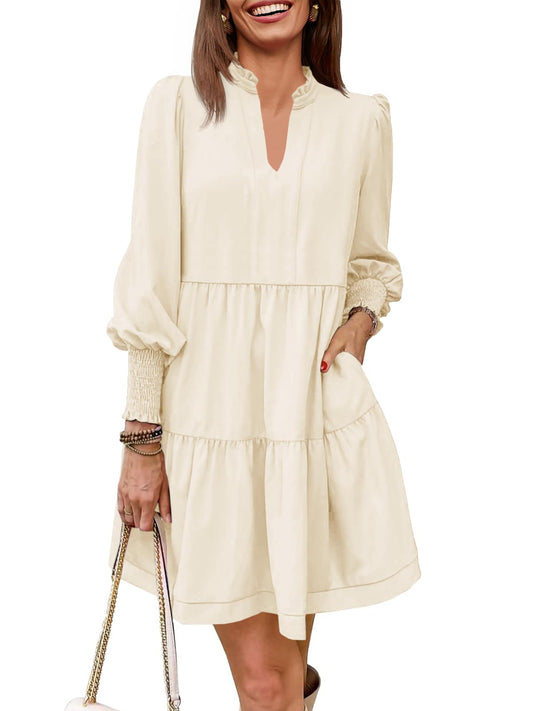 Imily Bela Womens Fall Long Sleeve Tunic Dress Casual V Neck Loose Ruffle Tiered Dress