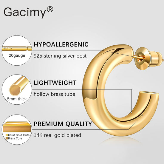 Gacimy chunky hoop earrings — 14K gold plated, 925 sterling silver post hoops for women