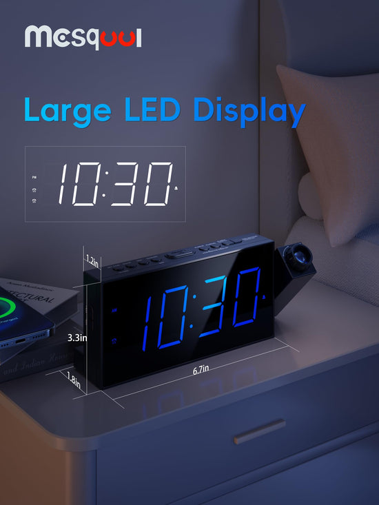 Digital projection alarm clock — 180° rotatable projector with USB charger and dual alarms