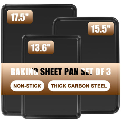 Sheet pan set of 3 — Nonstick heavy duty baking sheets for toaster oven trays