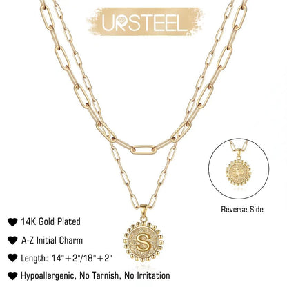 Ursteel necklace — 14K gold plated initial pendant with layered chain design