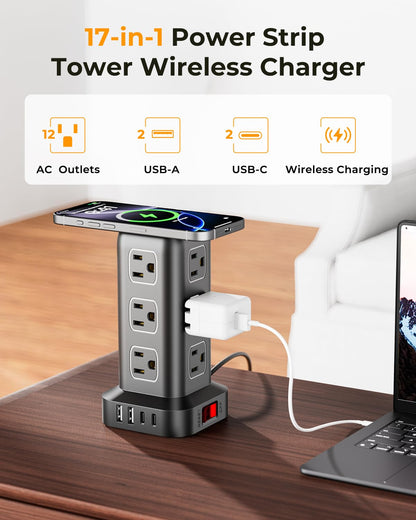 Power strip — 12 outlets and 4 USB ports with tower design and extension cord