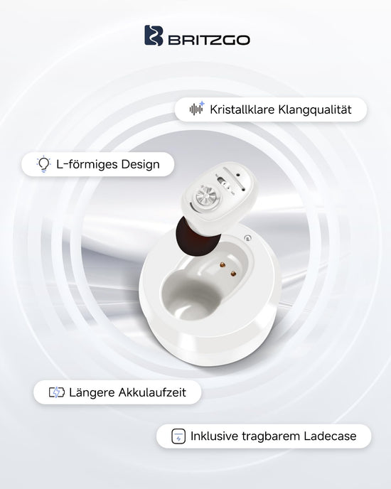Britzgo 1607 Persönlicher Soundverstärker mit intelligenter Geräuschunterdrückung, mit tragbarem Ladecase, ergonomischem L-förmigem Design, ultraleichtem recyceltem Kunststoff
