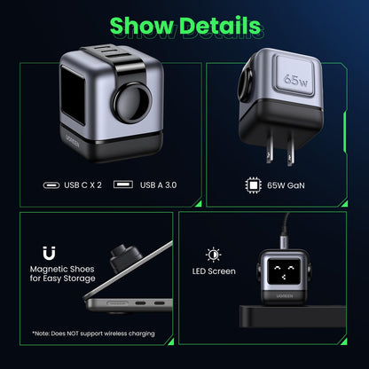 UGREEN charging adapter — 65W GaN compact design with 3 ports for fast charging