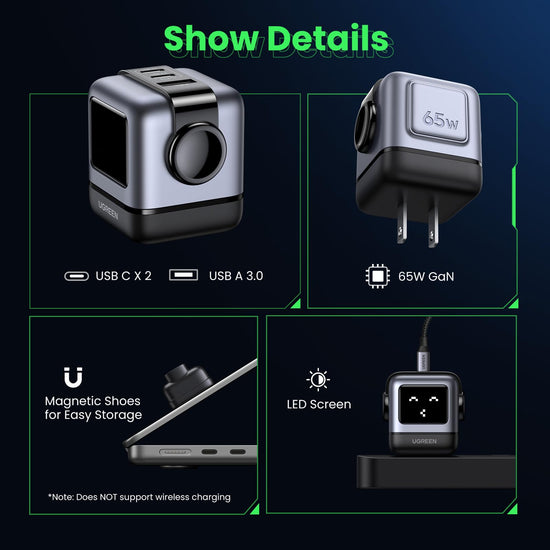 UGREEN charging adapter — 65W GaN compact design with 3 ports for fast charging