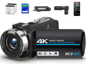 Camcorder Video Camera 4K 80MP Ultra HD Vlogging Camera for YouTube 18X Digital Zoom IR Night Vision 3.0" IPS Screen Video Recorder With Handheld Stabilizer, Microphone, 32G SD Card and Remote Control