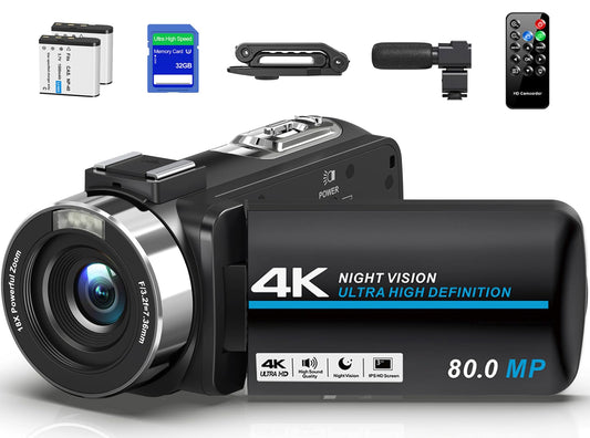 Camcorder Video Camera 4K 80MP Ultra HD Vlogging Camera for YouTube 18X Digital Zoom IR Night Vision 3.0" IPS Screen Video Recorder With Handheld Stabilizer, Microphone, 32G SD Card and Remote Control