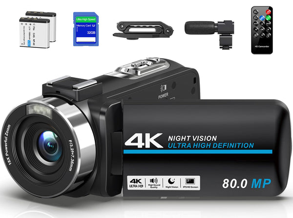 Camcorder Video Camera 4K 80MP Ultra HD Vlogging Camera for YouTube 18X Digital Zoom IR Night Vision 3.0" IPS Screen Video Recorder With Handheld Stabilizer, Microphone, 32G SD Card and Remote Control
