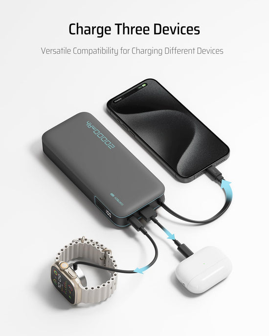 CUKTECH power bank with built-in USB C cable and LED display, 20000mAh capacity