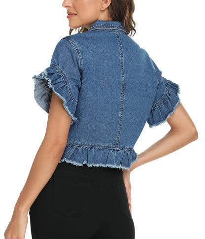MISS MOLY women's denim jacket - ruffle sleeve design and distressed finish