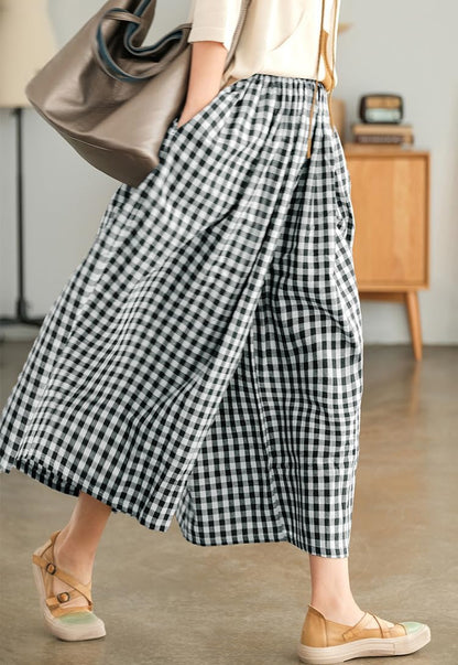 PANTS — Cotton linen wide leg capri pants with elastic waist and plaid design