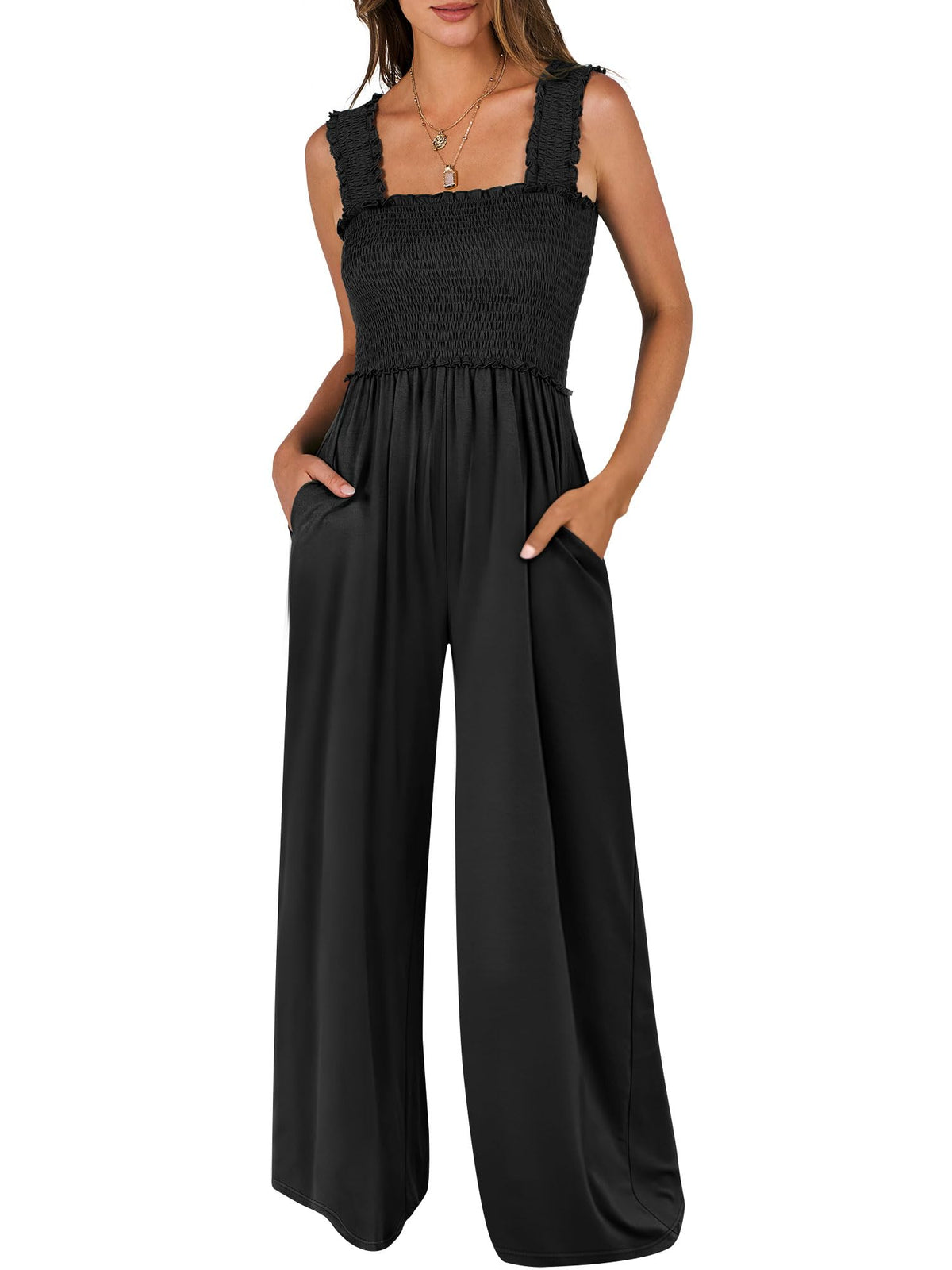 ANRABESS one piece outfit — Smocked sleeveless wide leg romper with pockets