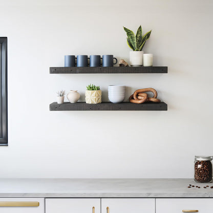 Urban Legacy floating shelves with reclaimed barnwood planks and shelf bracket set includedUrban Legacy floating shelves — reclaimed barnwood planks with bracket set included
