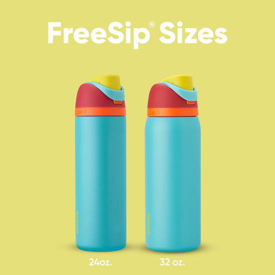 Owala FreeSip insulated stainless steel water bottle with straw, 24 oz capacity.