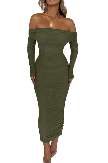 Dress — Off the shoulder maxi dress with ruched fitted bodycon design and slit
