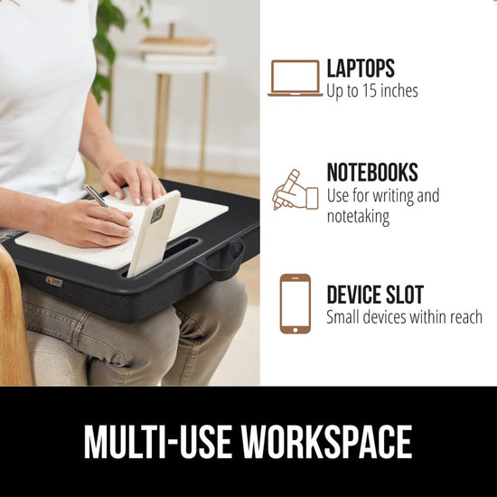 Gorilla Grip lap desk with phone holder and cushion for laptops up to 15.6 inches.