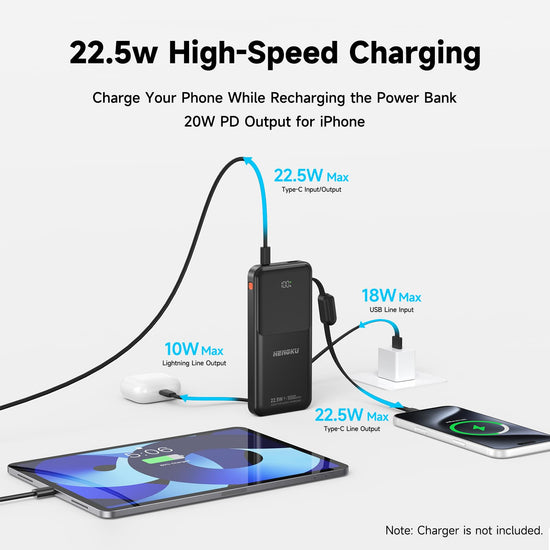 HENGKU Portable Power Bank Fast 22.5W PD Charging 10000mAh Built-in Cables, Type C Flight Safe, Z01C