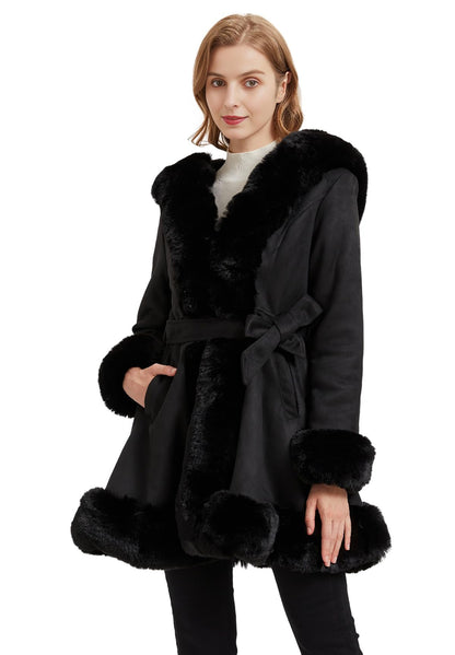 GRAN ORIENTE suede coat with faux fur collar and belt for women
