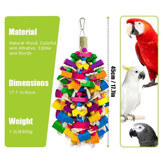 KTCWPAW Large Parrot Chew Toys, Colorful Natural Wood Hanging Shredding Toy, Heavy Duty Beak Grinding Enrichment Toy for Macaw, Cockatoo, African Grey Large Bird Cage Accessories