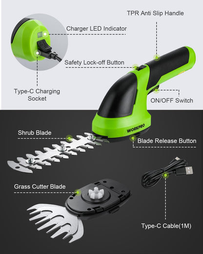 WORKPRO reciprocating hedge trimmer — Cordless design with rechargeable battery included