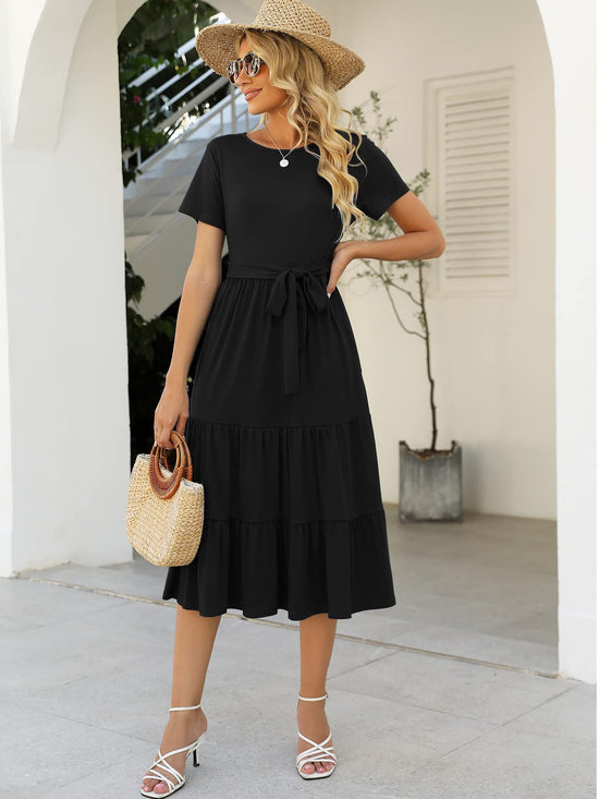 Lyrur dress — Casual summer tiered midi with pockets and belt