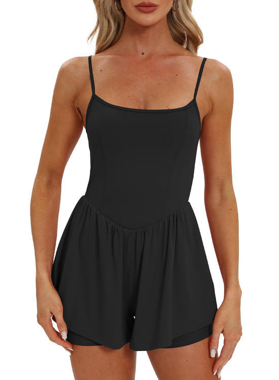 Beaully one piece outfit — sleeveless athletic romper with shorts and spaghetti straps