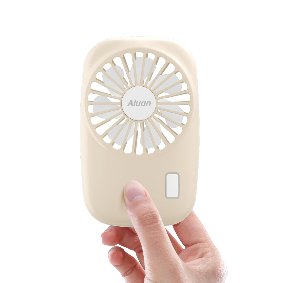 Aluan handheld mini fan — powerful portable speed adjustable USB rechargeable fan for travel and home use.
