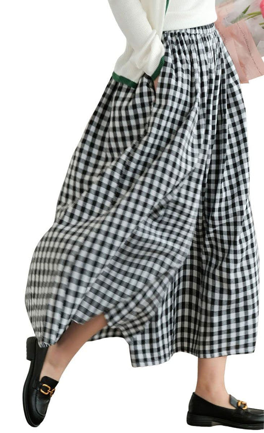 PANTS — Cotton linen wide leg capri pants with elastic waist and plaid design
