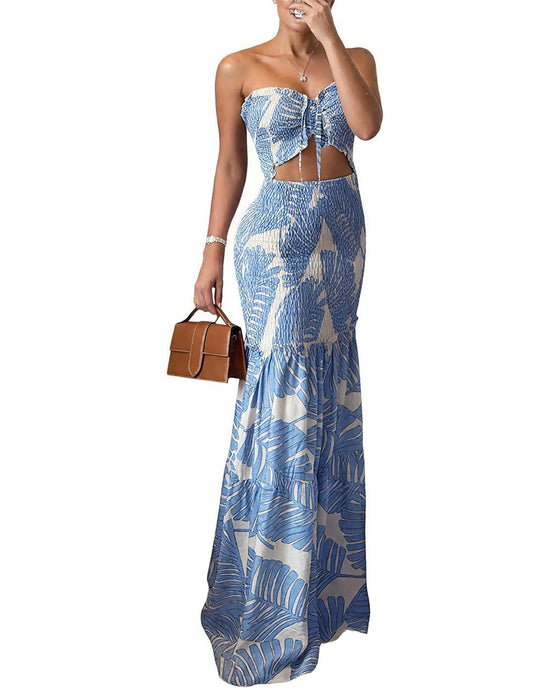 CHICME floral printed vacation dress - halter tie ruched bandeau style