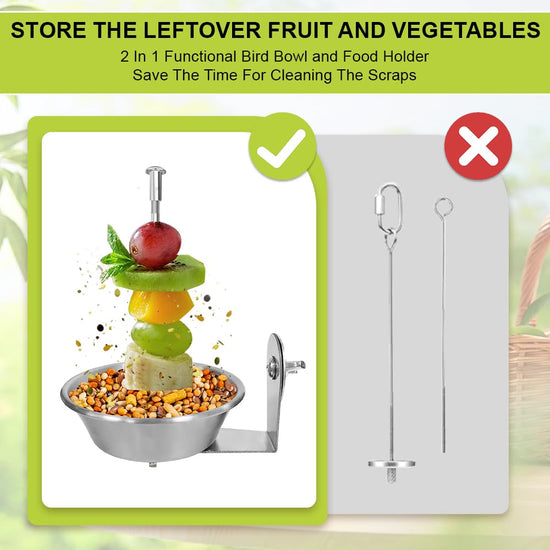 Set of 1 Bird Cage Feeder for Vegetable & Fruit, Parrot Fruit Holder with Dish Bowl Design to Keep Clean, No Mess Bird Food Veggies Skewer for Parakeets, Cockatiels, Lovebirds, Budgies, Conures
