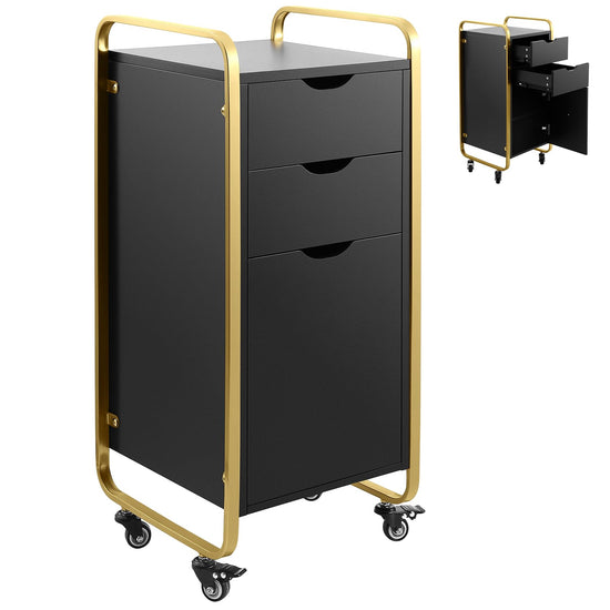 Black Salon Stations for Hair Stylist with Rolling Wheels, Heightened Beauty Salon Trolley Cart, Barber Hair Station Organizer with Dryer Holder & Drawer, Hairdressing Tools (Black Gold)