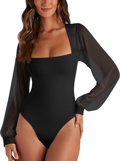 PINKMSTYLE women's square neck mesh bodysuit with long sleeves and slim fit