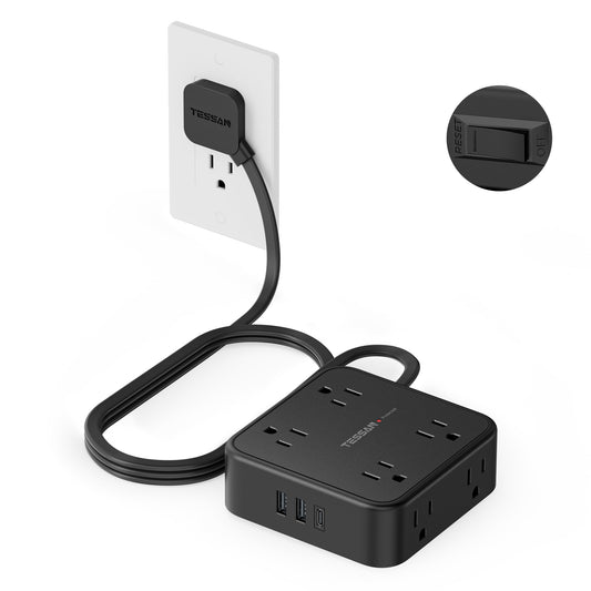 TESSAN power strip with flat plug and 8 outlets, 900J surge protection.