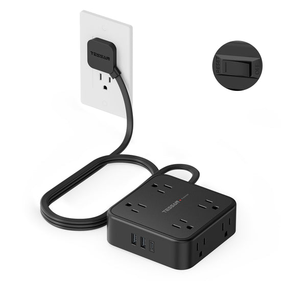 TESSAN power strip with flat plug and 8 outlets, 900J surge protection.