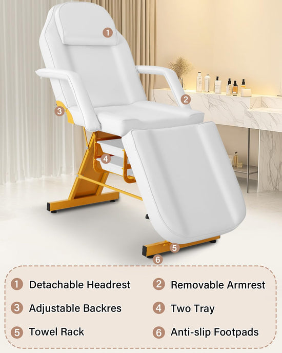 Tythical Tattoo Facial Chair for Clients, Multi-Purpose Esthetician Lash Wax Bed with Adjustable Backrest &Armrests, Professional Beauty Salon Spa Chair for Tattoo Shop Massage Furniture, White Glod