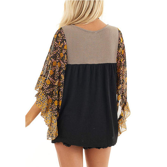 Shirt — Floral printed batwing design with 3/4 sleeves by Casuress