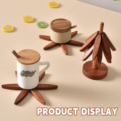 Natural black walnut wooden trivet set with stand for hot dishes and pots.