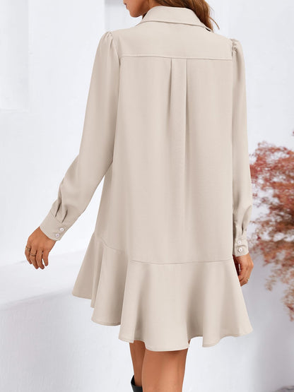 Fisoew dress — women's casual button down long sleeve pleated mini dress