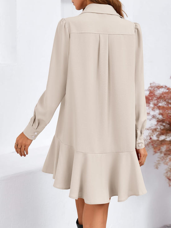 Fisoew dress — women's casual button down long sleeve pleated mini dress