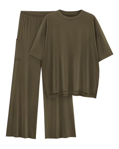 KIRUNDO coordinated outfit — summer casual lounge set with short sleeve top and wide leg pants