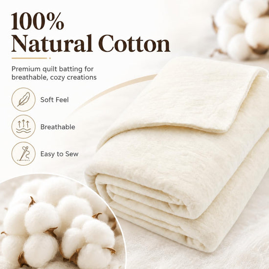 Pin Forest Natural Cotton Quilt Batting, 40" x 40" Mid‑Weight (200 g/m²) Cotton Batting for Quilting All-Season, 100% Pure, Breathable & Soft-Ideal for Quilting, Sewing, Wearable Art & DIY