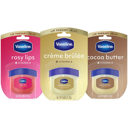 Vaseline Lip Balm — Variety 3-Pack with crème brûlée, rosy lips, cocoa butter flavors